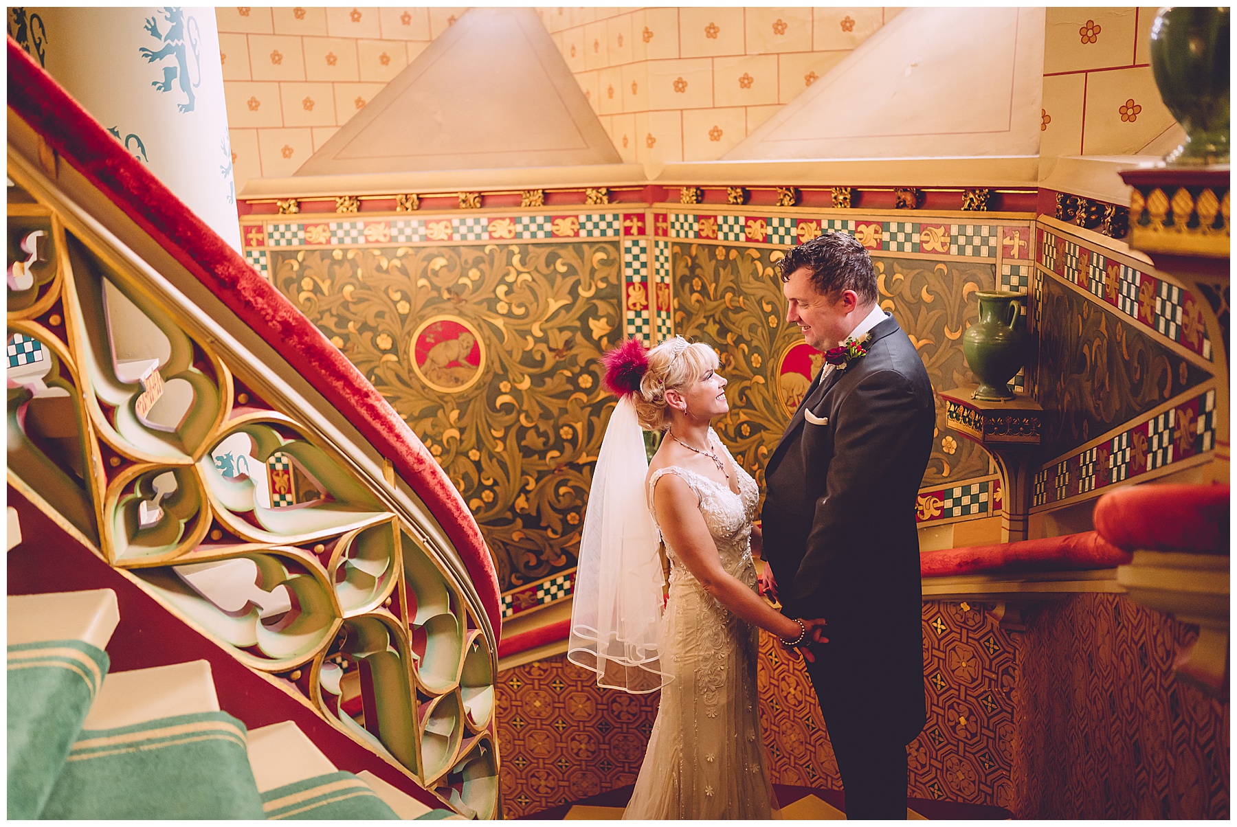 Bride & Groom on staircase at Cardiff Castle