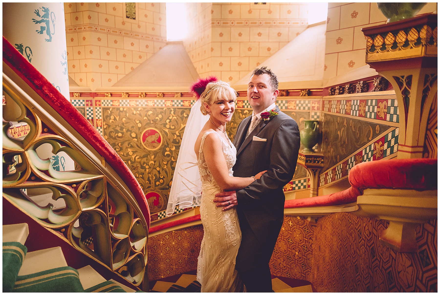 Bride & Groom on staircase at Cardiff Castle
