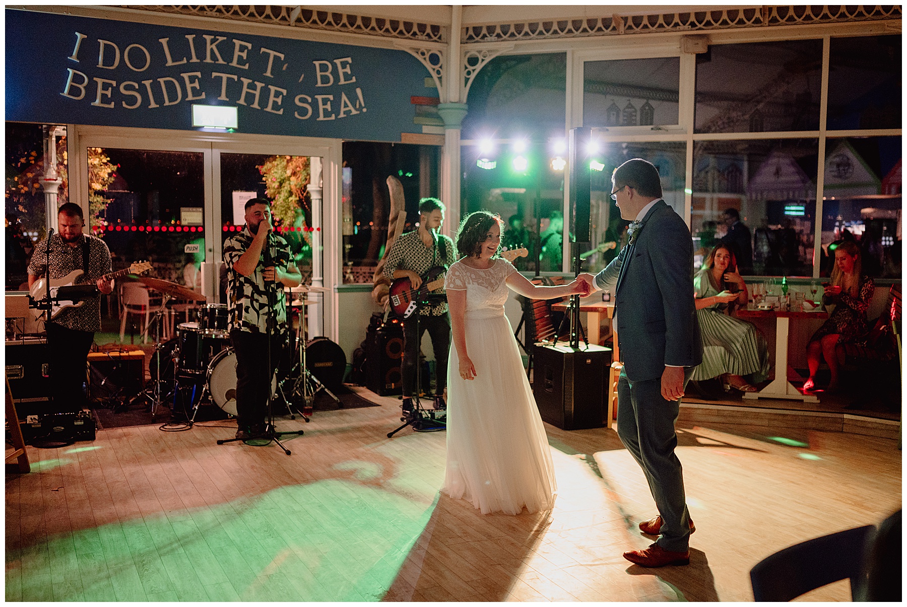 Bride & Groom Dancing at Mumbles Beach Hut Cafe
